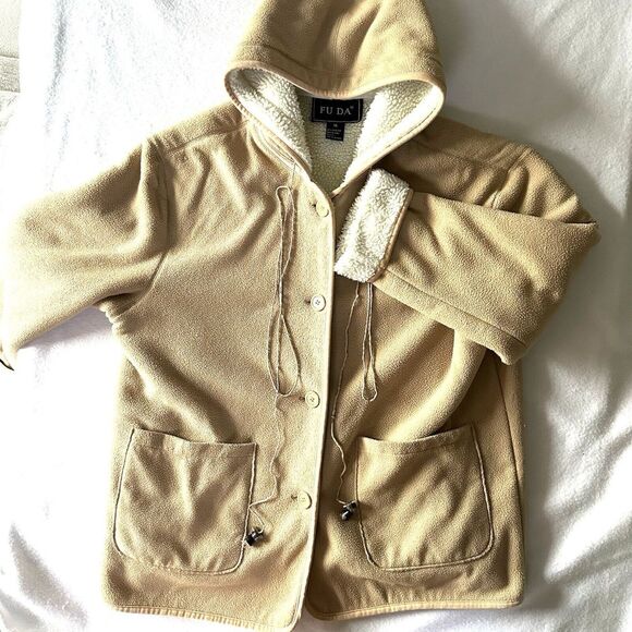 FUDA Women's Coat‎ Size XL Beige Camel Sherpa Lined Jacket Mob Wife Hood - Picture 1 of 15